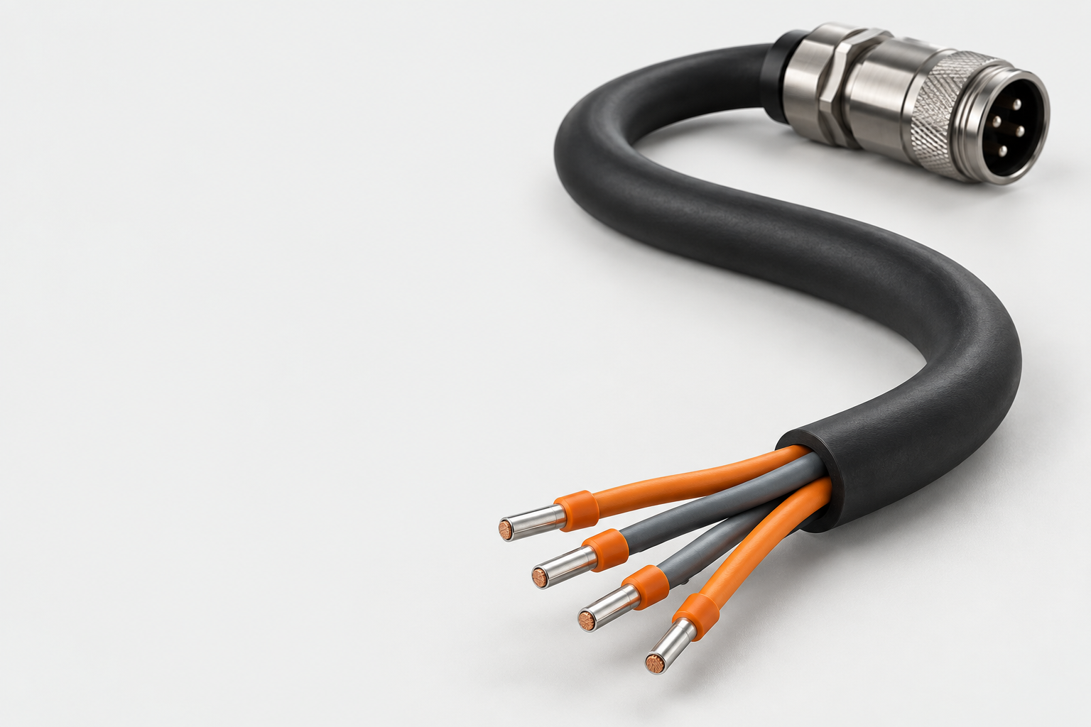 Studio visual of an industrial cable with insulated wire-end ferrules and circular connector