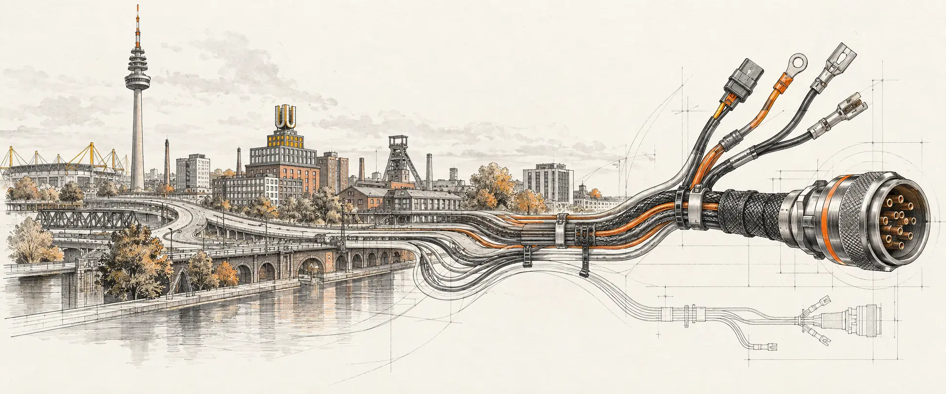 Dortmund and cable assembly as a technical illustration